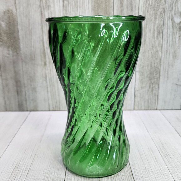 Vintage Green Glass Flower Vase Swirl Pattern Hourglass Shaped 8'' Tall - Picture 2 of 7